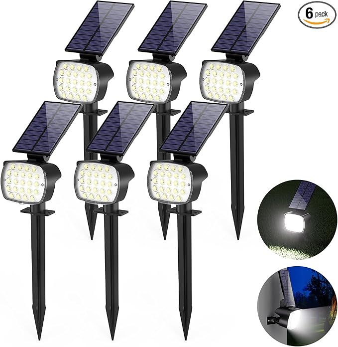 hyrion Solar Spotlight Outdoor Waterproof Ip65 23 LED 3 Lighting Mode 2-in-1 Solar Powred Yard Spot Lights for Garden Tree Law Pathway 6 Pack Cool White