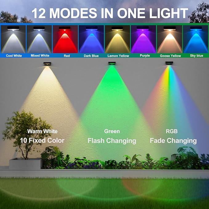 Solar Fence Lights,Fence Lights Solar Powered Waterproof IP65 Multicolor Led 12 Fixed Colors ＆RGB Color Changing for Pool, Deck, Patio, Porch, Stairs, Holiday-8pack