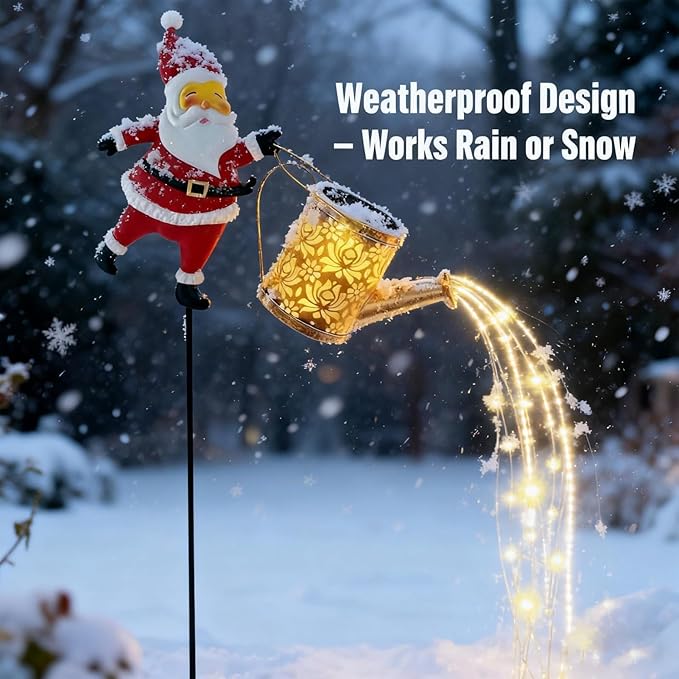 Christmas Santa Solar Kettle Light, IP65 Waterproof Santa Solar Garden Lights Outdoor, Cute Santas Solars Watering Can Cascading Light LED, Novelty Santas Solars Christmas Decorations Night Lights