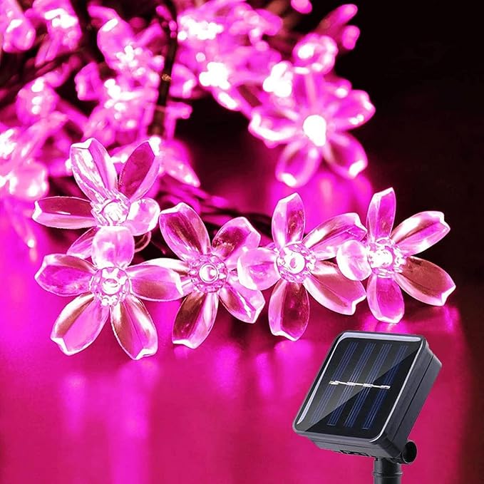 Solar String Lights, 50 LED Waterproof Outdoor Pink Flower Solar Lights, Fairy Light for Outside Patio Garden Fence Yard Christmas Tree Decor