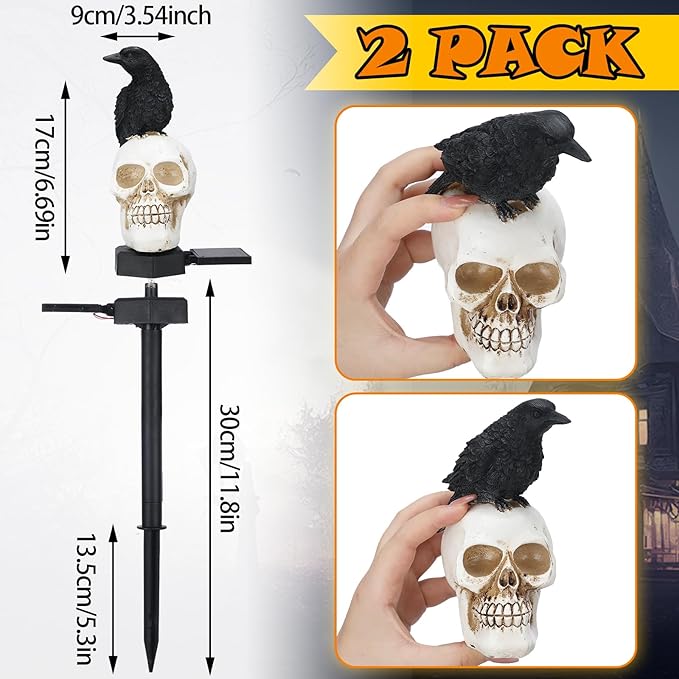 Retisee 2 Pcs Halloween Garden Decor Solar Skull Lights with Black Crow on Skull Waterproof Solar Skeleton Lights Outdoor LED Light up Skeletons Halloween Outdoor Decor for Garden Pathway Lawn Yard
