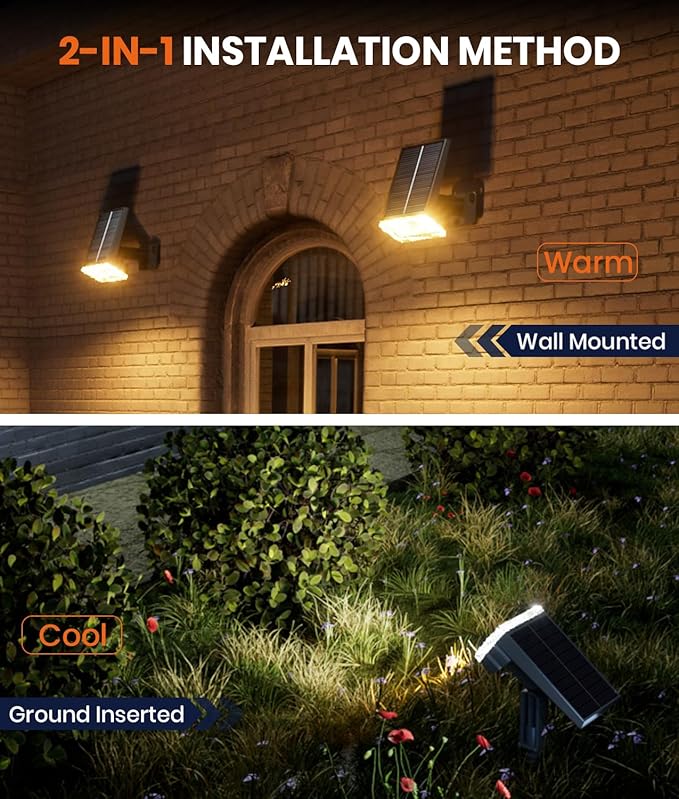 1 Pack Solar Spotlights Outdoor Waterproof IP67,Adjustable Wall&Ground Solar Lights Powered with 3 Colors, 3 Modes | Lumora