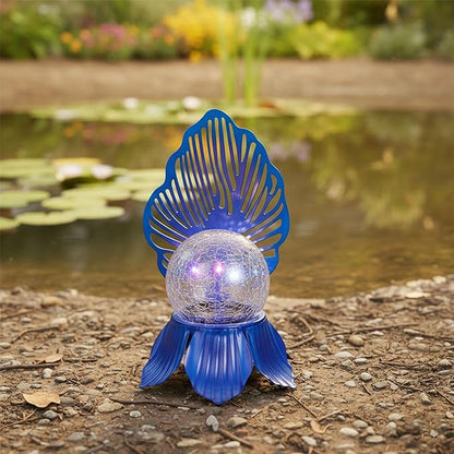 Solar Lights Outdoor Flower Garden Decor with Crackle Glass Globe Lights, Metal Flowers for Outside Yard Lawn Patio Porch Pathway Tabletop, Housewarming Gifts for Mom Women