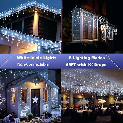 Joomer Christmas Icicle Lights - 66FT String Lights Outdoor Waterproof, 8 Modes Timer Connectable Plug-in String Light for Eaves, Roofs, Christmas Decorations (White, Non-Connectable)
