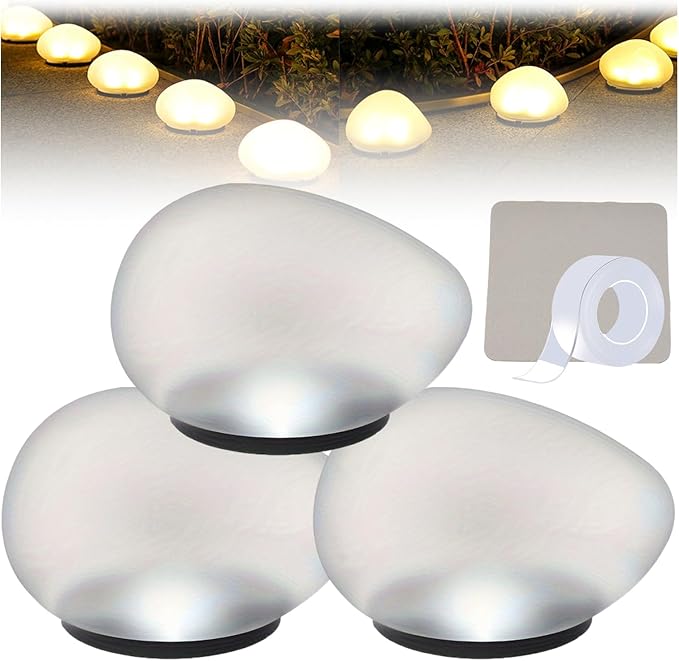 Solar Glass Garden Pebbles, Solar Rock Pathway LED Lights, Pebble Shape Rock Light Outdoor Waterproof Landscape Night Lights, for Garden Path, Stair, Lawn, Patio, Yard Party Decoration (Warm* 3)