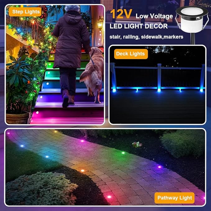 LED Deck Lights Kit, 6Pack 1.22" Low Voltage WiFi RGBW+IC Multicolor Dynamic Recessed Deck Lighting Work with Alexa/Google Home, IP67 Waterproof 12V Step Lights Outdoor for Garden Yard Path Stairs