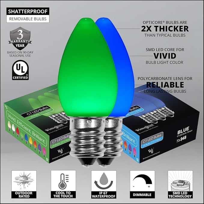 Wintergreen Lighting Opticore LED Smooth/Opaque Blue & Green Commercial C7 Christmas Lights Vintage Style, Commercial String Christmas Lights Heavy Duty, Green Wire (50 Lights, 50 ft, Blue/Green)