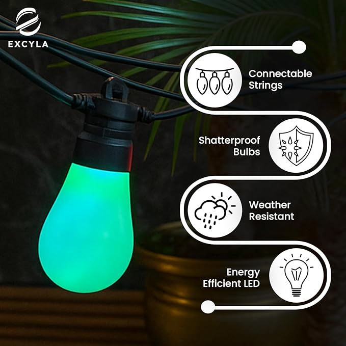 Smart Outdoor String Lights for Patio & Backyard | LED Color Changing Dimmable Bulbs | Waterproof & Shatterproof Design | Remote & App Control | Alexa Compatible | 15 Bulbs | 50ft | Pack of 2