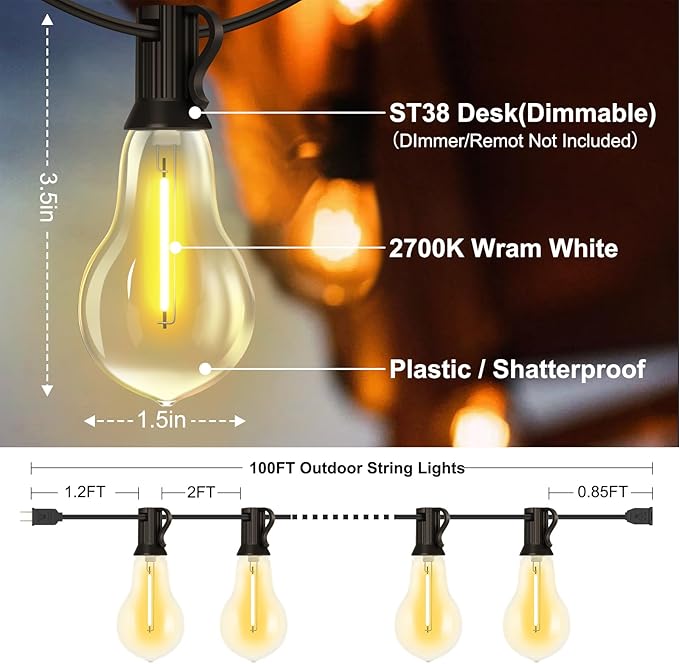 100FT LED Outdoor String Lights with 50+3 Shatterproof Bulbs(Gourd Shape), IP44 Waterproof, Commercial Grade Patio | Lumora