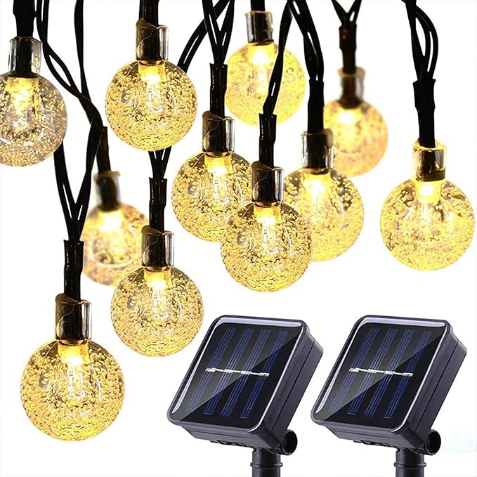 Solar String Lights Outdoor Lights LED Waterproof Warm Color Light String with Bubble Ball 8 Functions Crystal Bead Lights Christmas Lights Garden Courtyard Decoration