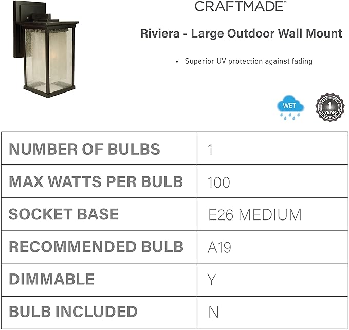 Craftmade Z3724-OBO Riviera Outdoor Wall Mount Sconce Lighting, 1-Light, 100 Watts, Oiled Bronze (8" W x 17" H)
