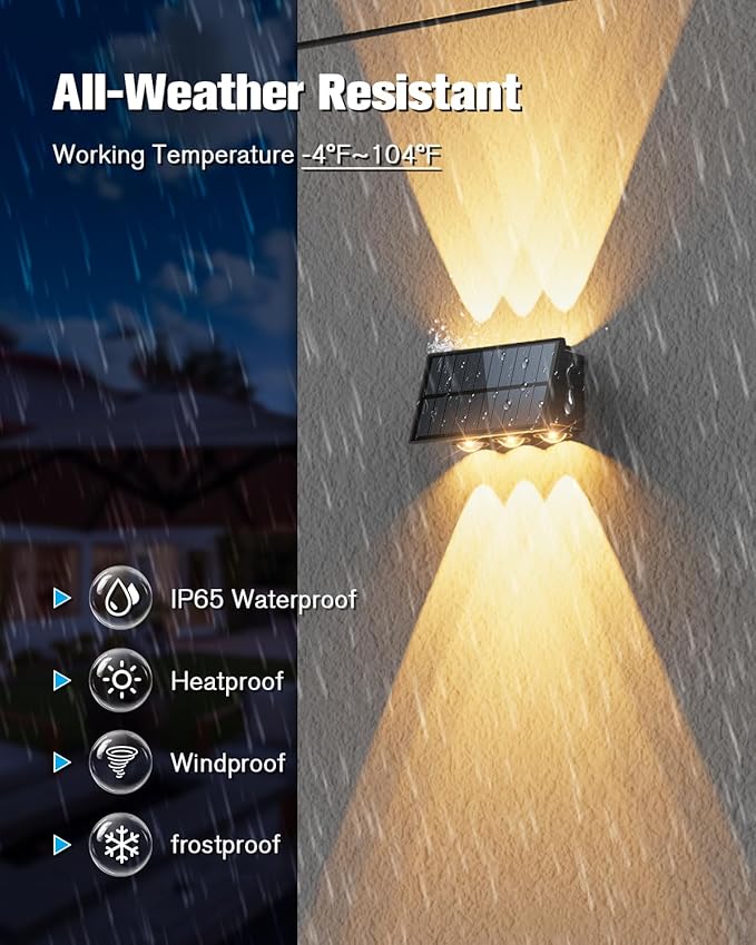 VOLISUN Solar Fence Lights 6 Pack, Color Glow LED Up and Down Wall Lamp, IP65 Waterproof Solar Lights Outdoor for Patio, Backyard, Railing, Deck, Fence and Wall（6 Lenses）