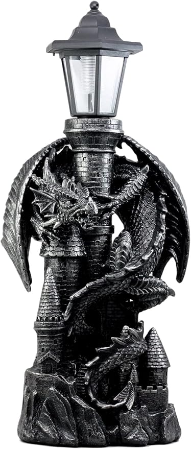 Ebros Gift Mystical Rocky Cliff Top Castle Dungeon Guardian Dragon Solar LED Light Lantern Statue Path Lighter Patio Lighter