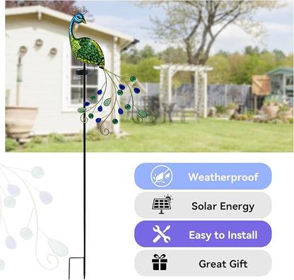 Peacock Solar Garden Stake Lights Decorative, Waterproof Metal Glass Landscape Path Lights for Outdoor Patio Lawn Yard, Upgrade