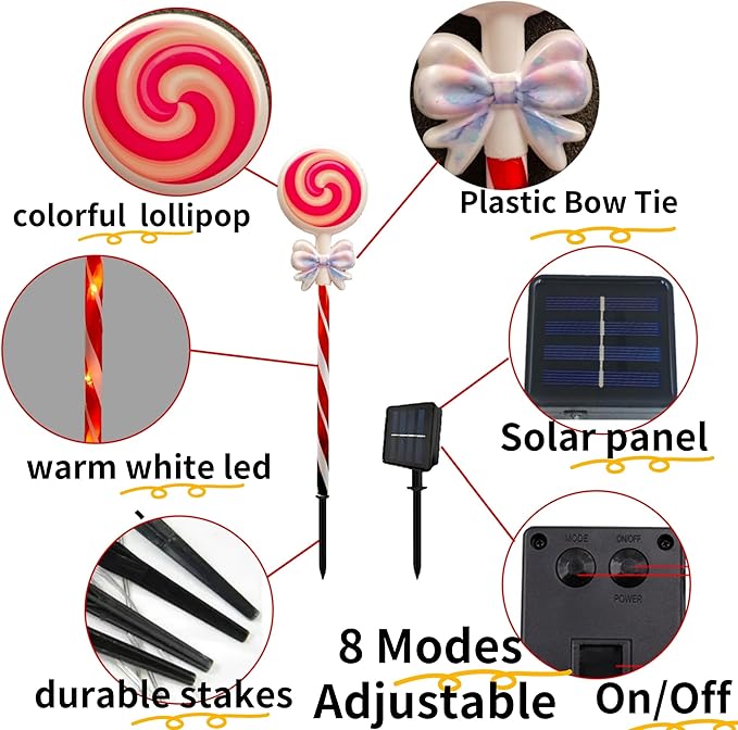 Solar Christmas Candy Cane Path Lollipop Lights-Outdoor Solar Powered 1 Panel with 5 LED Lights Pathway Landscape | Lumora