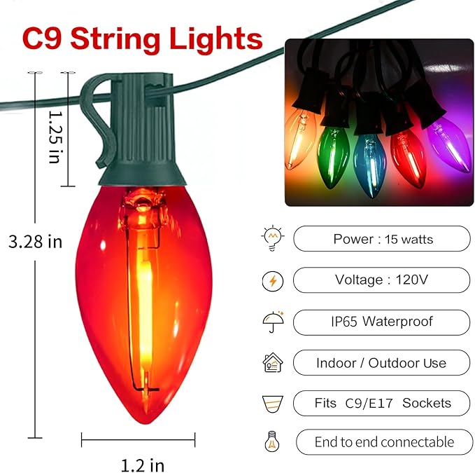 C9 Christmas Lights Outdoor, 25FT Waterproof Multicolor LED String Lights for Roofline Xmas Tree Patio Holiday | Lumora