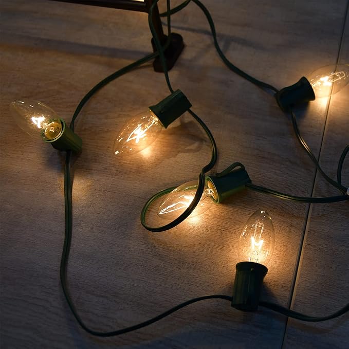 C9 Clear Vintage Outdoor String Lights with 26 C9 Clear Glass Bulbs, 25Ft Hanging Roofline Lights for Outdoor Christmas Tree Party Backyard Wedding Decor - Green