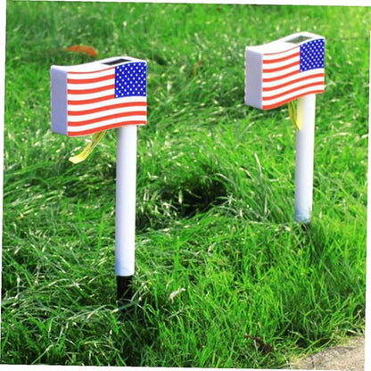 2pcs Solar Garden Path Lights American Flag LED Outdoor Lawn Lamp with Ground Plug for Independence Day Decoration Random Color