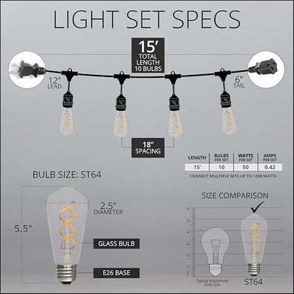 Wintergreen Lighting 15' FlexFilament LED ST64 Edison Patio Lights, Suspended Sockets, Commercial Grade LED Patio Lights, 10 LED Filament Bulbs, 18" Spacing Outdoor Patio Lights