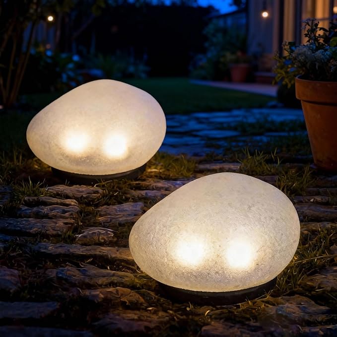 Solar Rock Garden Lights 2 Pack, Waterproof Outdoor Stone Lights, Warm White LED for Yard, Lawn, Pathway, Patio Decor