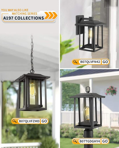 Beionxii Outdoor Pendant Light for Porch, Large Exterior Hanging Lantern Outside Chandelier Black Cast Aluminum w/Clear Glass (13.5" x 9") - A197H-1PK