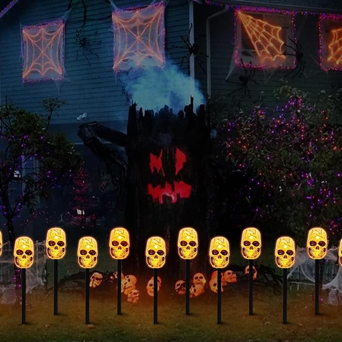 LAMPHOME Halloween Pathway Lights Outdoor, 5PCS Skull Halloween Decorations Outdoor Yard, Pathway Marker Stake Lights for Patio Ground Path Sidewalk Walkway Driveway