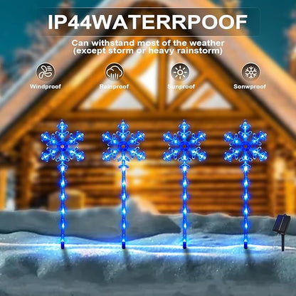 Solar Christmas Pathway Lights Outdoor Decorations, Solar Powered Snowflake Lights, Waterproof Xms Garden Stake Lights Outdoor Christmas Decorations for Patio Yard Porch Lawn, 4 Pack(Blue)