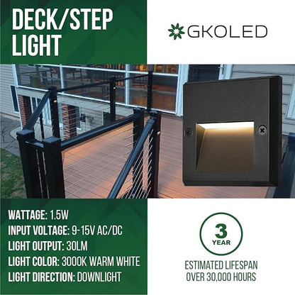 GKOLED 6-Pack Slim Square Low Voltage Deck Post Lights, Outdoor Step Lights, 12V Fence Railing Lighting Fixtures, Die-cast Aluminum, Black, 3000K