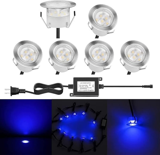 Low Voltage LED Deck Lighting Kit Stainless Steel 1W Waterproof Outdoor Yard Garden Decoration Lamps Landscape Pathway Patio Step Stairs LED In-ground Lights(Blue/6pack)