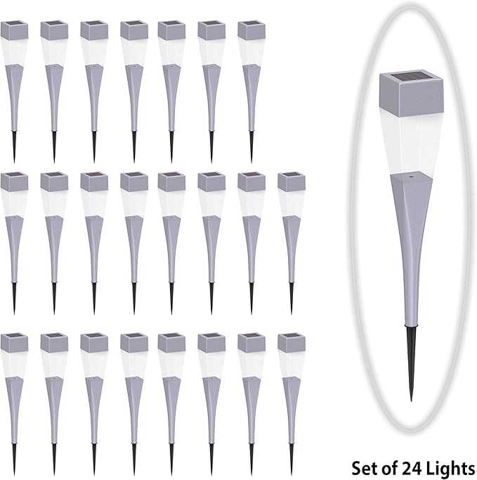Solar Powered Lights (Set of 24)- LED Outdoor Stake Spotlight Fixture for Gardens, Pathways, and Patios by Pure Garden-Silver