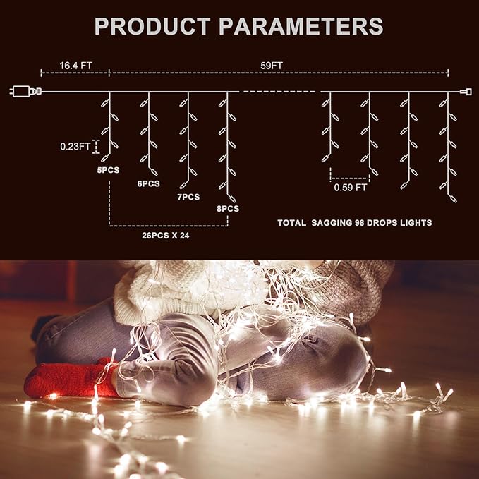 Icicle LED Christmas Lights Outdoor, 624 LED 59FT 8 Modes with 96 Drops Cool White Icicle Lights,Outdoor Indoor Fairy String Lights for Christmas Party,Holiday,Wedding Decorations
