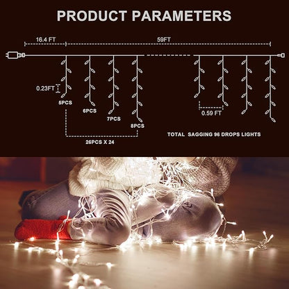 Icicle LED Christmas Lights Outdoor, 624 LED 59FT 8 Modes with 96 Drops Cool White Icicle Lights,Outdoor Indoor Fairy String Lights for Christmas Party,Holiday,Wedding Decorations