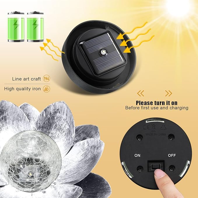 VIHOSE 4 Pcs Lotus Solar Light Outdoor LED Waterproof Art Globe Glass Decoration Outdoor Table Decor Garden Gifts Decorative Crackle Globe Glass Metal Lotus Flower for Patio Lawn(Silver)