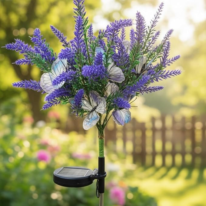 Solar Garden Decor Lights Outdoor, Lavender Butterfly Flower Stakes Light, 2 Pack Waterproof LED Flower Lights, for Garden Pathway Patio Backyard Landscape (Warm White)