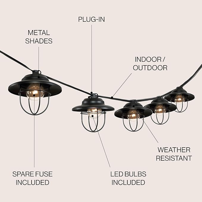 JONATHAN Y Indoor Outdoor Rustic Farmhouse LED G40 Metal Cage Shade String Lights Garden Patio Backyard Porch Balcony, 10 ft. 10-Light, Black