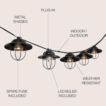 JONATHAN Y Indoor Outdoor Rustic Farmhouse LED G40 Metal Cage Shade String Lights Garden Patio Backyard Porch Balcony, 10 ft. 10-Light, Black