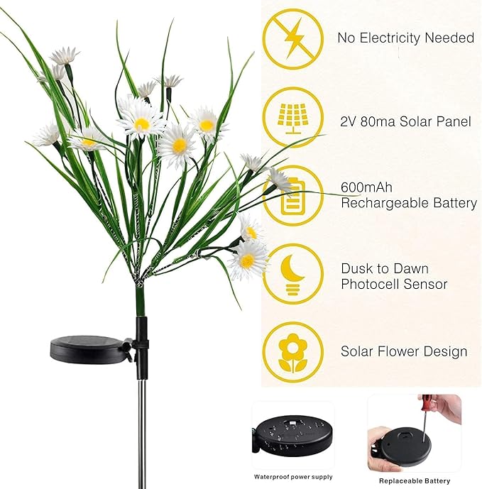 Solar Flower Lights Outdoor, Waterproof LED Daisy Flowers Solar Stake Decorative In-Ground Lights 2Mode for Garden Landscape Yard Pathway Wedding Party (White, 1Pack)