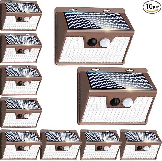 Peasur Solar Lights for Outside [10 Pack/140LED/Brown], Motion Sensor Outdoor Lights Ultra-Bright, Solar Security Light 3 Working Modes, Waterproof for Outside Garden Yard