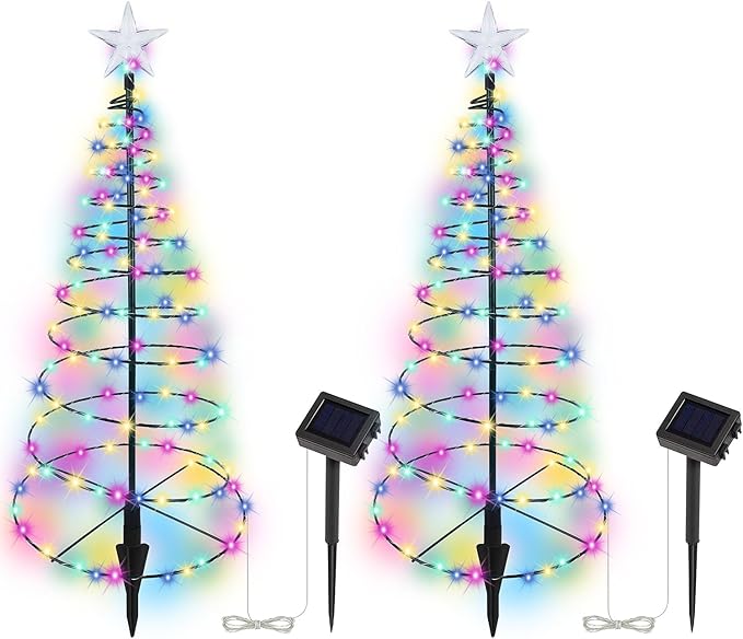 Dynaming 2 Pack Solar Spiral Christmas Trees with Multicolor Lights, 26" Outdoor Light Up Xmas Pathway Markers with Stake, Auto On/Off & Waterproof Lights for Winter Patio Yard Walkway Driveway Decor