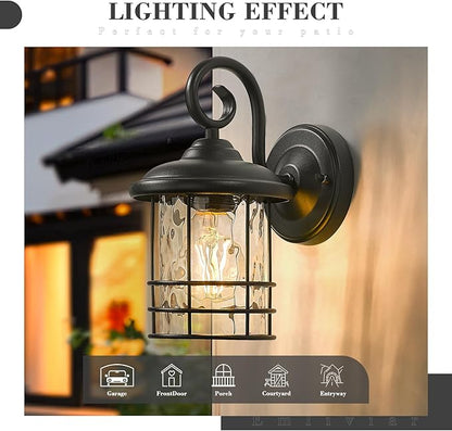 Emliviar 2 Pack Outdoor Wall Lighting Fixtures, 10" Exterior Carriage Lights with Water Ripple Glass, Die-Cast Aluminum in Black Finish, OS-1803CW1-WG