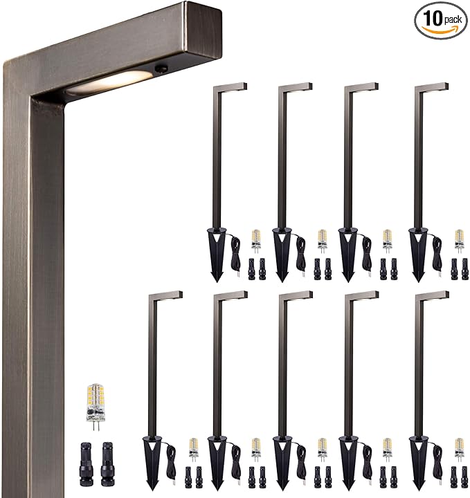 Gardenreet Brass Landscape Path Lights, LED 12V Low Voltage Pathway Lights Wired, Modern Outdoor Garden Lights Waterproof, L Shape Bronze for Patio Lawn with 3W 270LM 2700K G4 Bulb 10 Pack