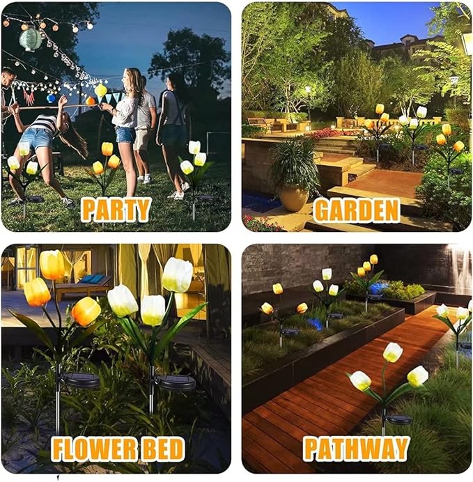 2 Pack Solar Garden Stake Lights, Outdoor Solar Tulip Flower Lights with 6 Rose Flowers, LED Rose Solar Powered Lights for Patio, Lawn, Garden, Yard Decoration
