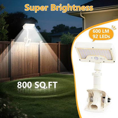 Clip On Solar Lights Outdoor with Motion Sensor, 360°Rotatable & Vertically Adjustable Solar Fence Lights with 92 LEDs (600 LM, 6000 K),IP65 Waterproof Security Light for Deck, Gutter（White, 1 Pack）