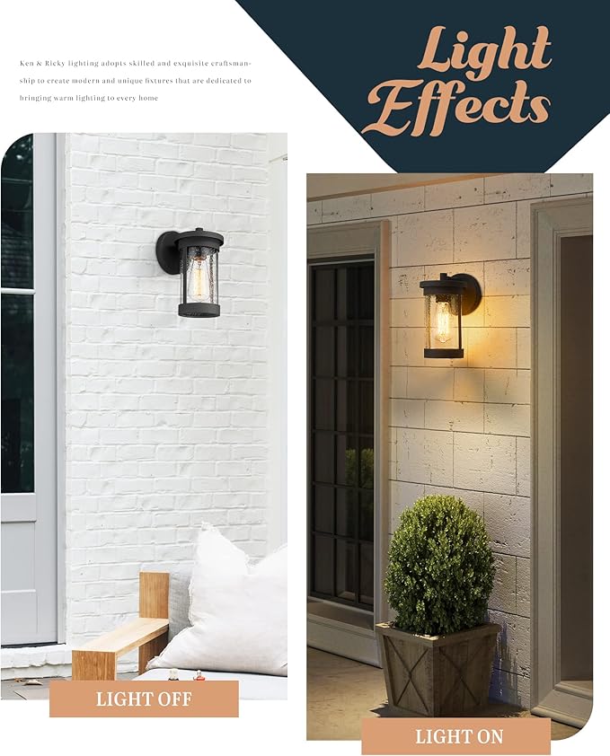 Ken & Ricky Outdoor Wall Light Fixture,Exterior Lighting Fixtures,Modern Sconce Lights for Porch Patio Garage Front Door (Black,Seeded Glass, 1PK)