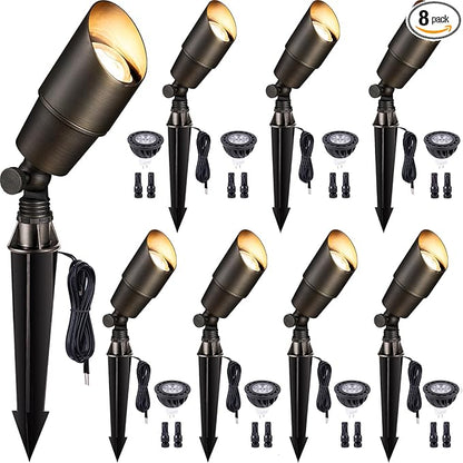 Gardenreet Spot Light Brass - Outdoor Landscape Spotlights 12V, LED Low Voltage Landscaping Uplights, All Weather Hard-Wired Bronze for Backyard Lawn with Day Light Changeable Bulbs (8 Pack)