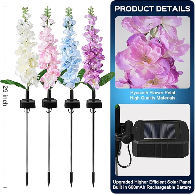 2 Pack Solar Garden Lights Outdoor, LED Colorful Waterproof Solar Powered Hyacinth Flowers Landscape Lights for Patio, Outside Yard, Pathway Decorative, Décor, Gifts, Two Lighting Modes