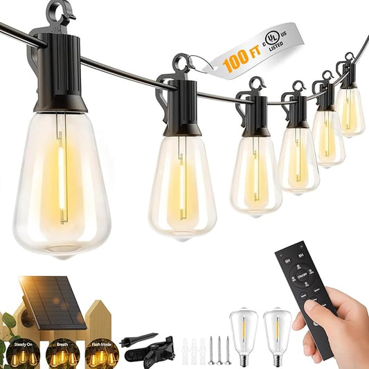 Brightown 100FT Solar String Lights Outdoor Waterproof with Remote, 31+2 LED Shatterproof Bulbs, Dimmable & Timable, 3 Light Modes - Commercial Grade Patio Lights for Garden Backyard Party Decor