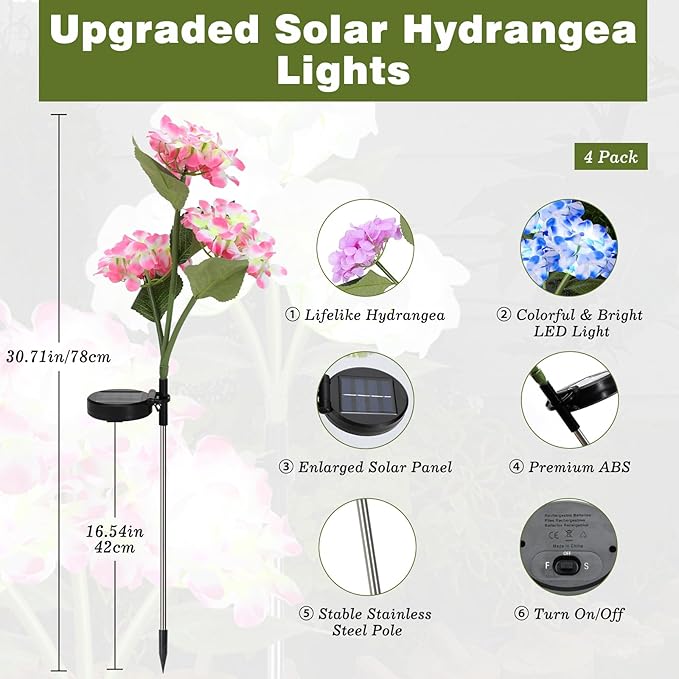 Lewondr 4 Pack Solar Garden Lights, Solar Flowers Lights with 4 Blooming Hydrangea Flowers, Waterproof Solar Lights Outdoor for Yard Porch Patio Backyard Pathway Gardening, 2 Lighting Modes, Colorful