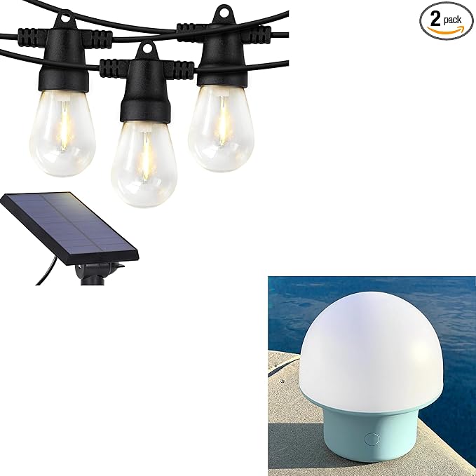 Brightech Bundle Ambience Pro Solar Powered Outdoor String Lights, 48 ft + Portobello Cordless LED Touch Table Lamp