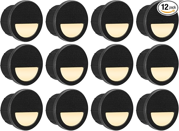 GKOLED 12 Pack Recessed Low Voltage LED Step Riser Light, Diameter 1" Mini Size Landscape Lighting for Outdoor Deck Stair Railing Post, 12V 3000K, Die-cast Aluminum, Black Powder Coated, UL-Listed
